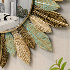 Sunburst Wall Mirror with Metal Leaves – Teal and Gold – Image 4