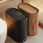 Oval Trash Can with Lid in Marble or Wood Look – Fits Neatly in a Corner – Image 1
