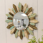 Sunburst Wall Mirror with Metal Leaves – Teal and Gold – Image 1