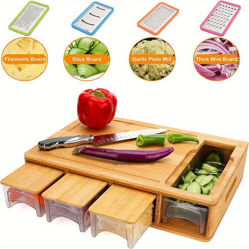 Bamboo Cutting Board with Four Drawers – Chop, Grate and Collect in One Place – Image 1