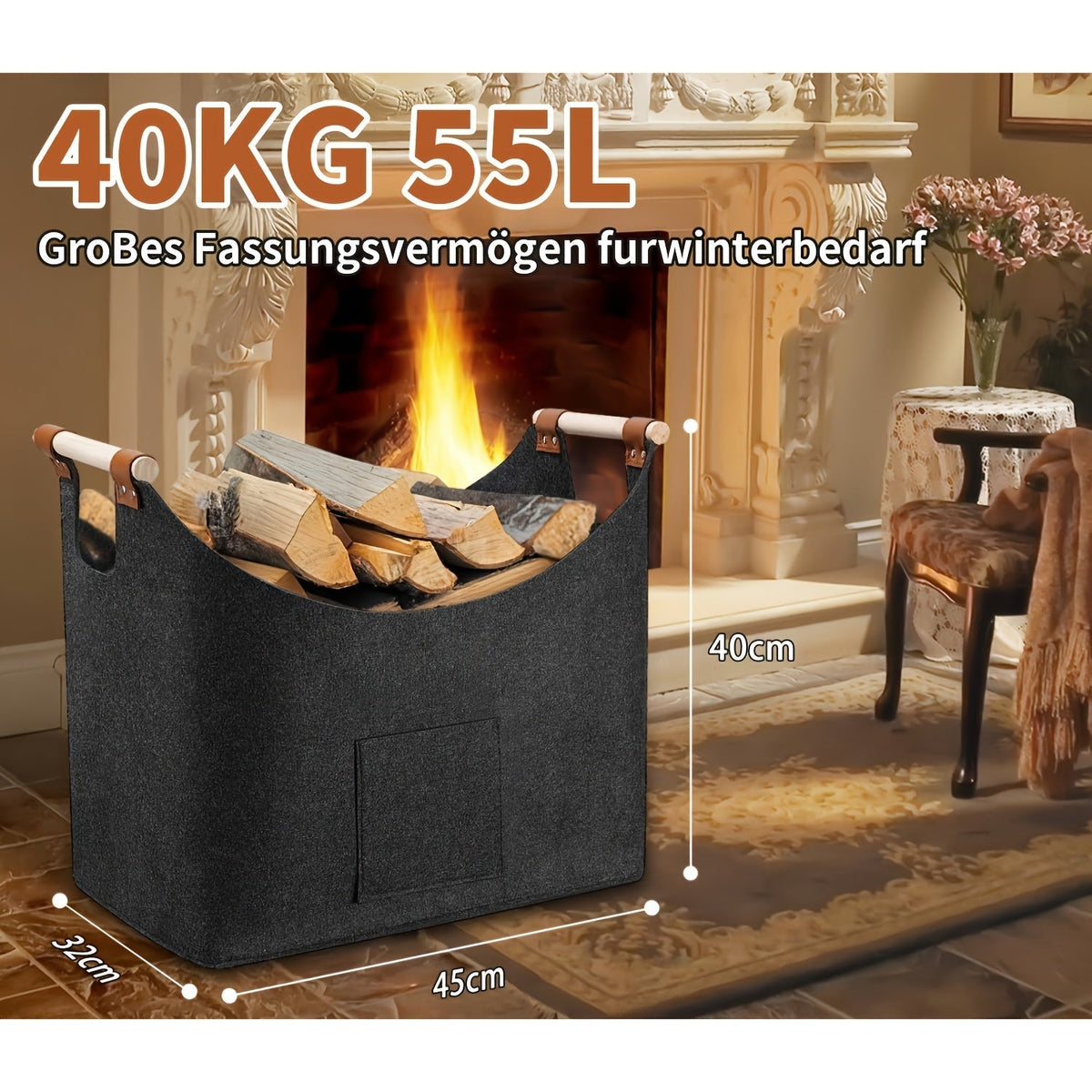 Kaminholzkorb aus Filz – fünfundfünfzig Liter, faltbar – Bild 6