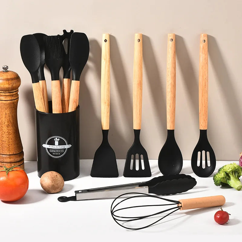 Küchenhelfer-Set aus Silikon mit Holzgriffen – zwölf Teile – Bild 1