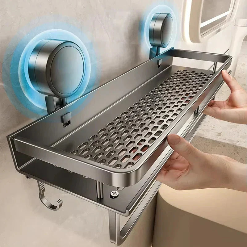 Badregal mit Saugnapf – Aluminium, mit Abtropfrost und Haken – Bild 1