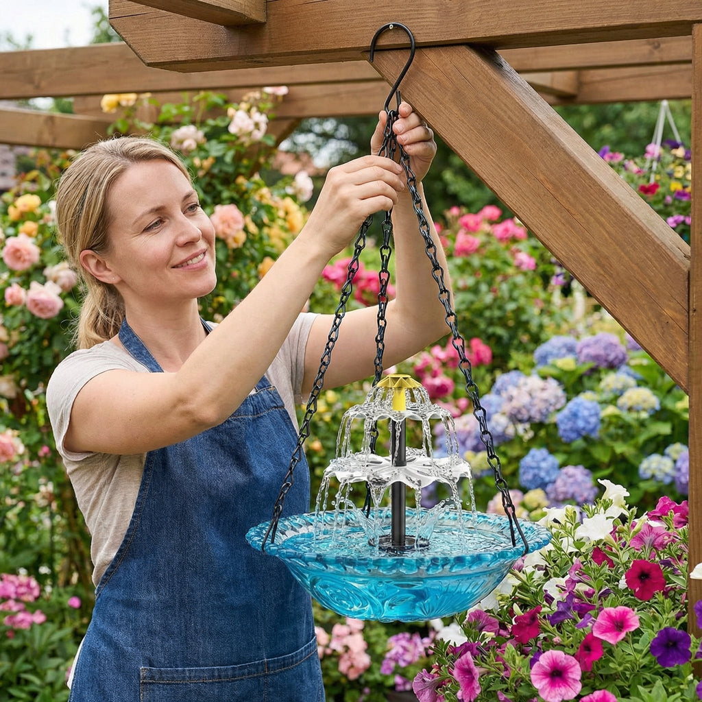 Hängende Vogeltränke mit Solar-Springbrunnen – Glasschale an Kette – Bild 7