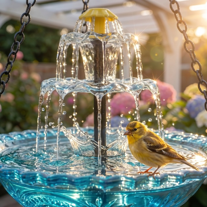 Hängende Vogeltränke mit Solar-Springbrunnen – Glasschale an Kette – Bild 1