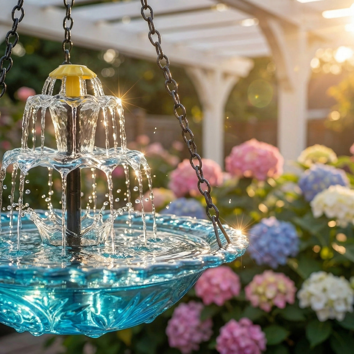 Hängende Vogeltränke mit Solar-Springbrunnen – Glasschale an Kette – Bild 2