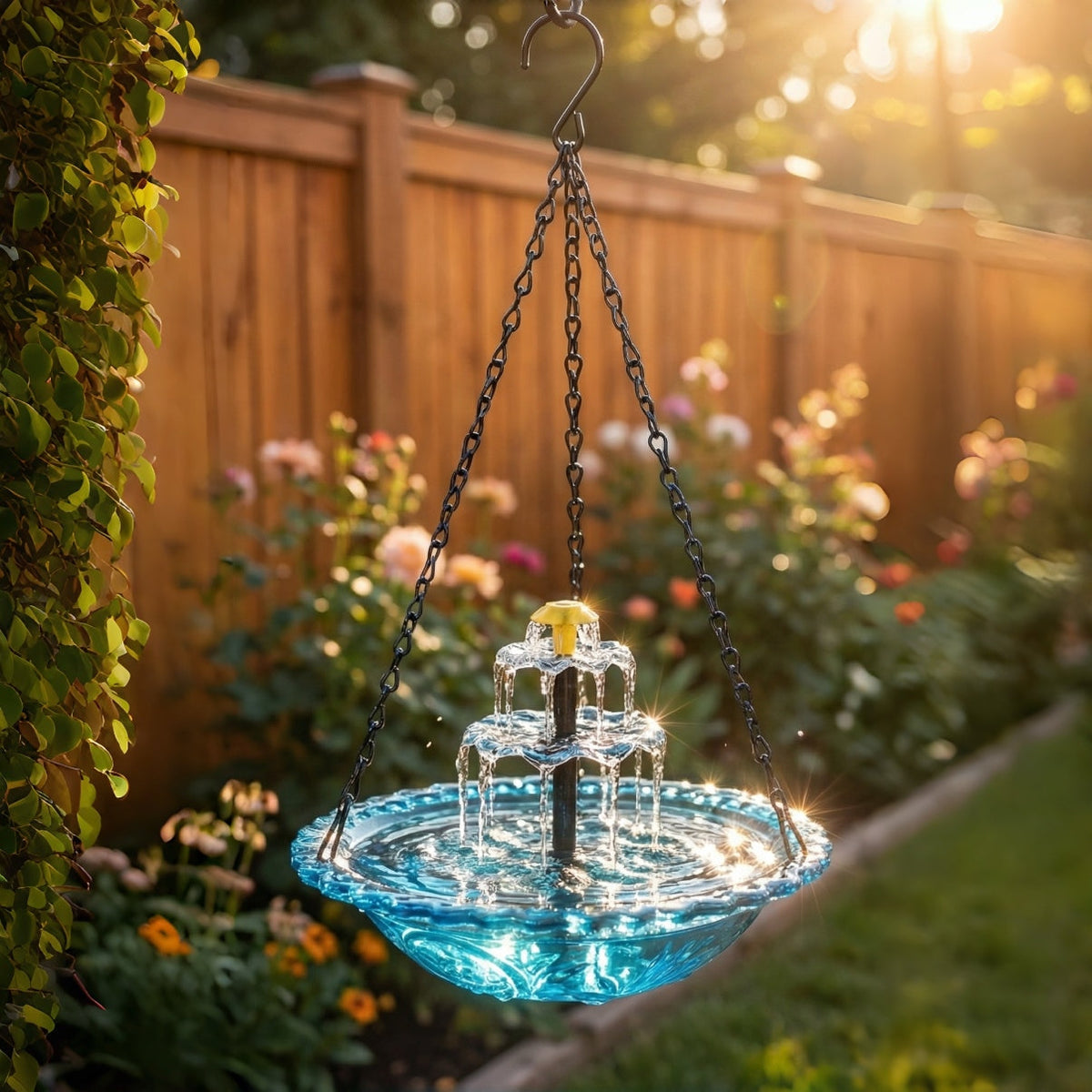 Hängende Vogeltränke mit Solar-Springbrunnen – Glasschale an Kette – Bild 5