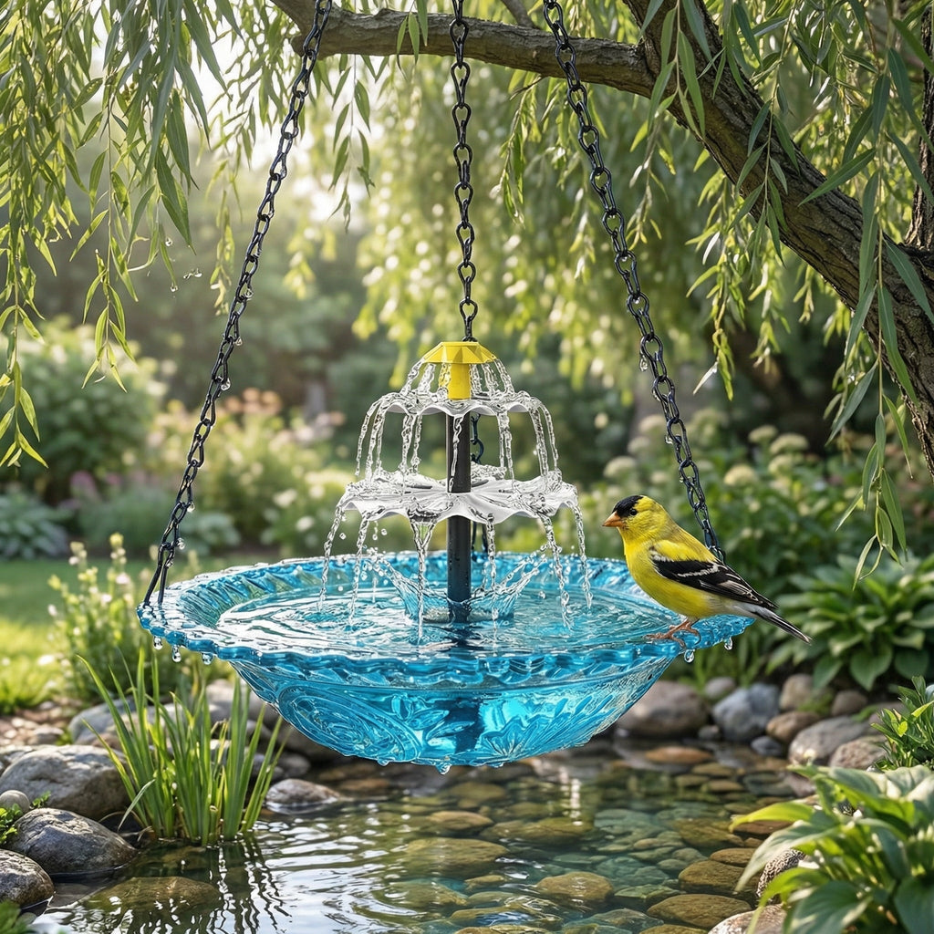 Hängende Vogeltränke mit Solar-Springbrunnen – Glasschale an Kette – Bild 6