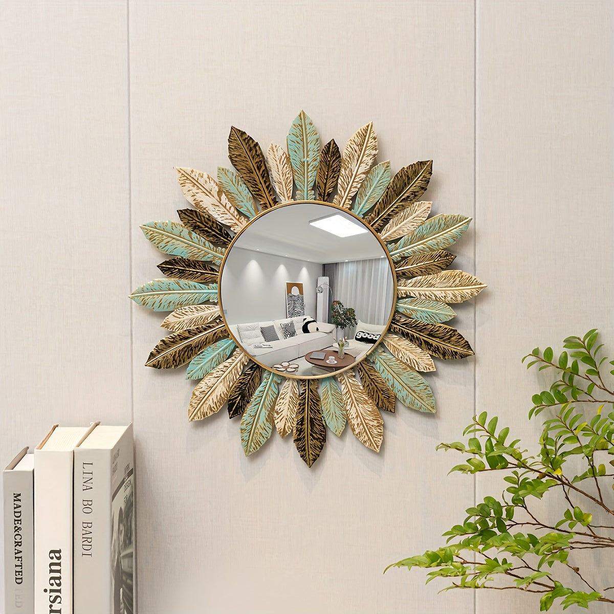 Wandspiegel mit Metallblättern – Sonnenform in Petrol und Gold – Bild 2