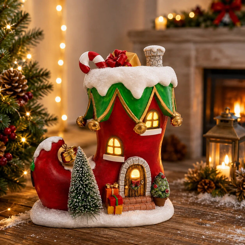 Christmas Boot House – Built-In Light with Holiday Details
