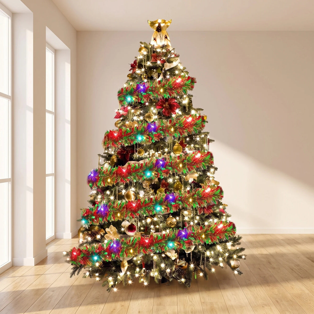 Christmas Garland with Tinsel – Multicolor Festive LED Lights