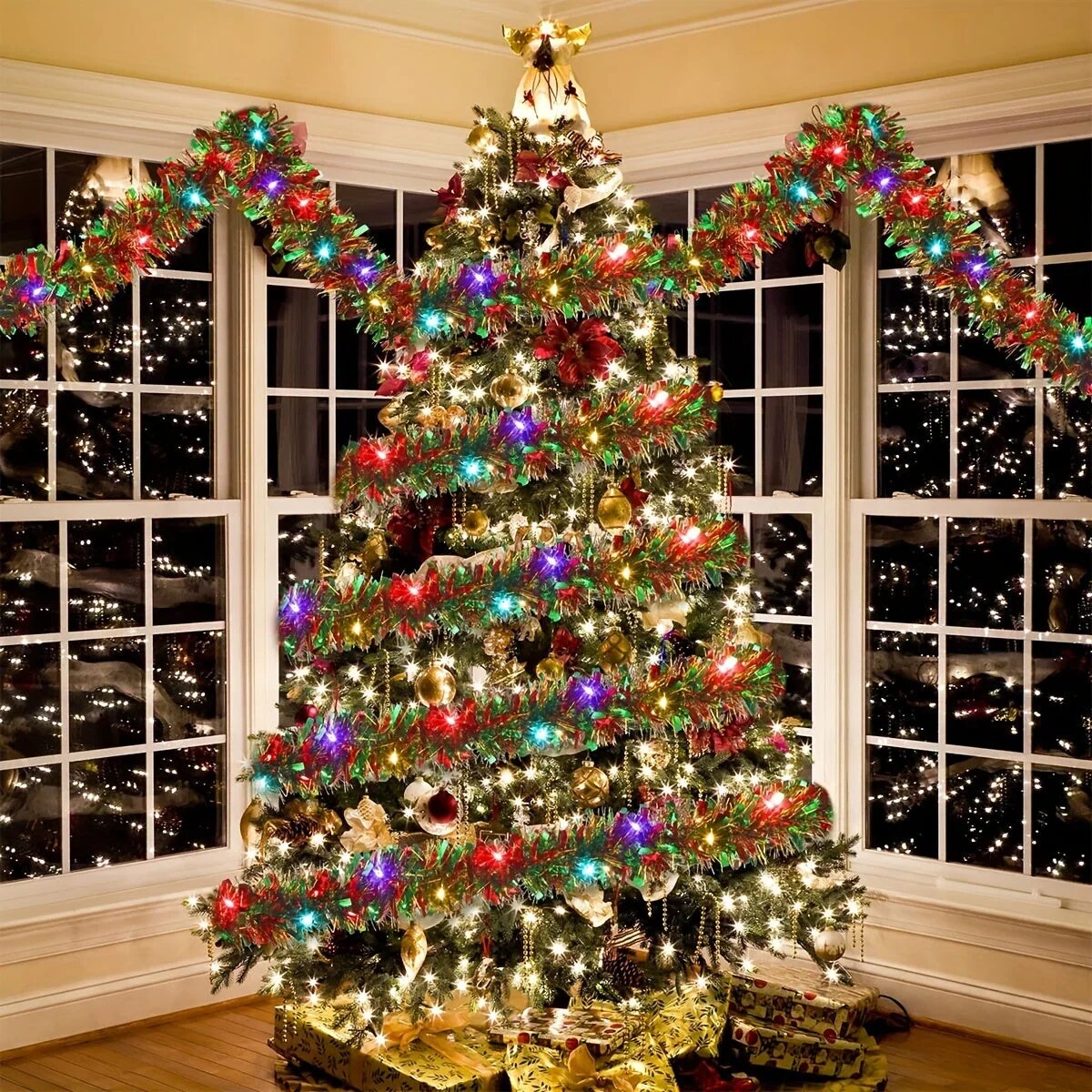 Christmas Garland with Tinsel – Multicolor Festive LED Lights