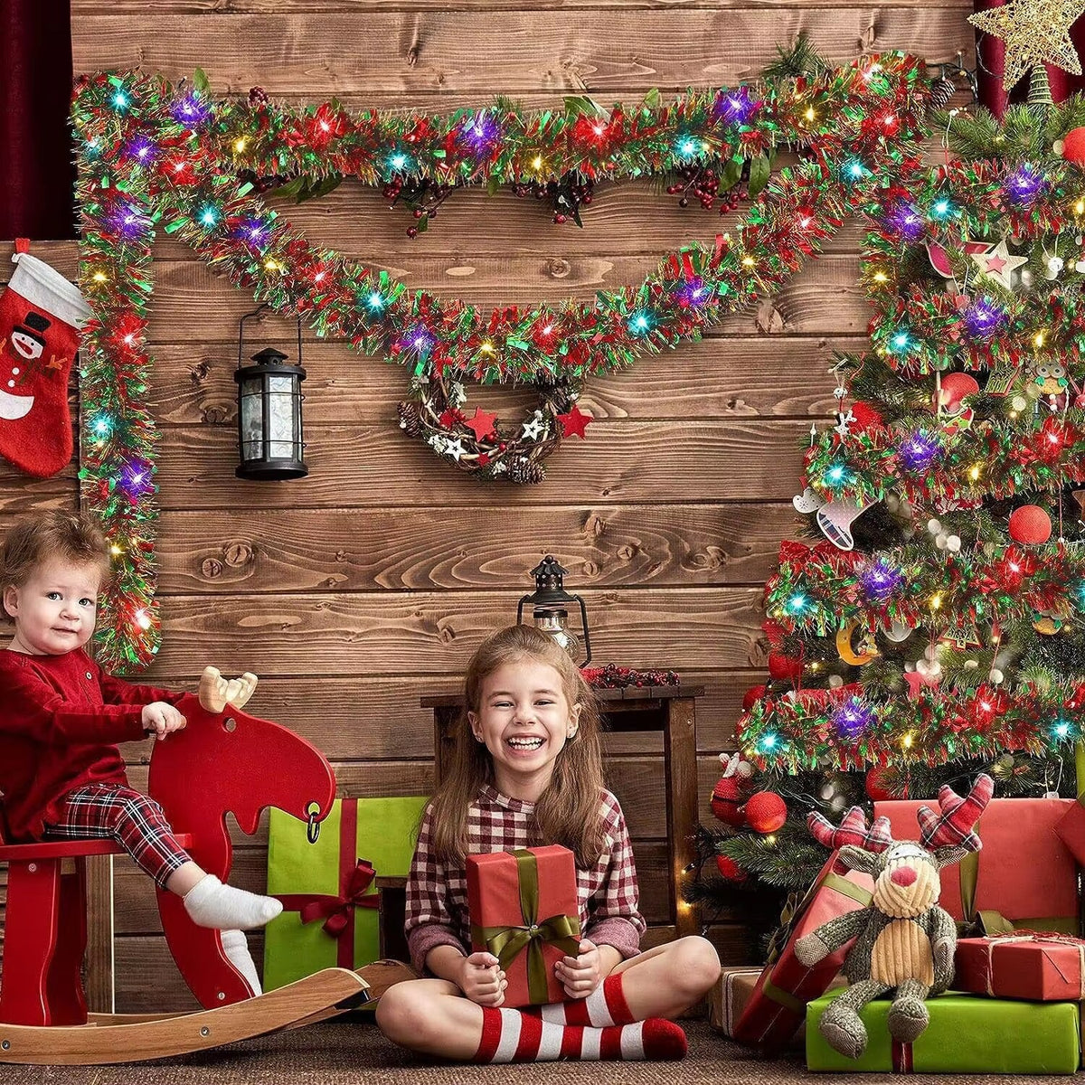 Christmas Garland with Tinsel – Multicolor Festive LED Lights