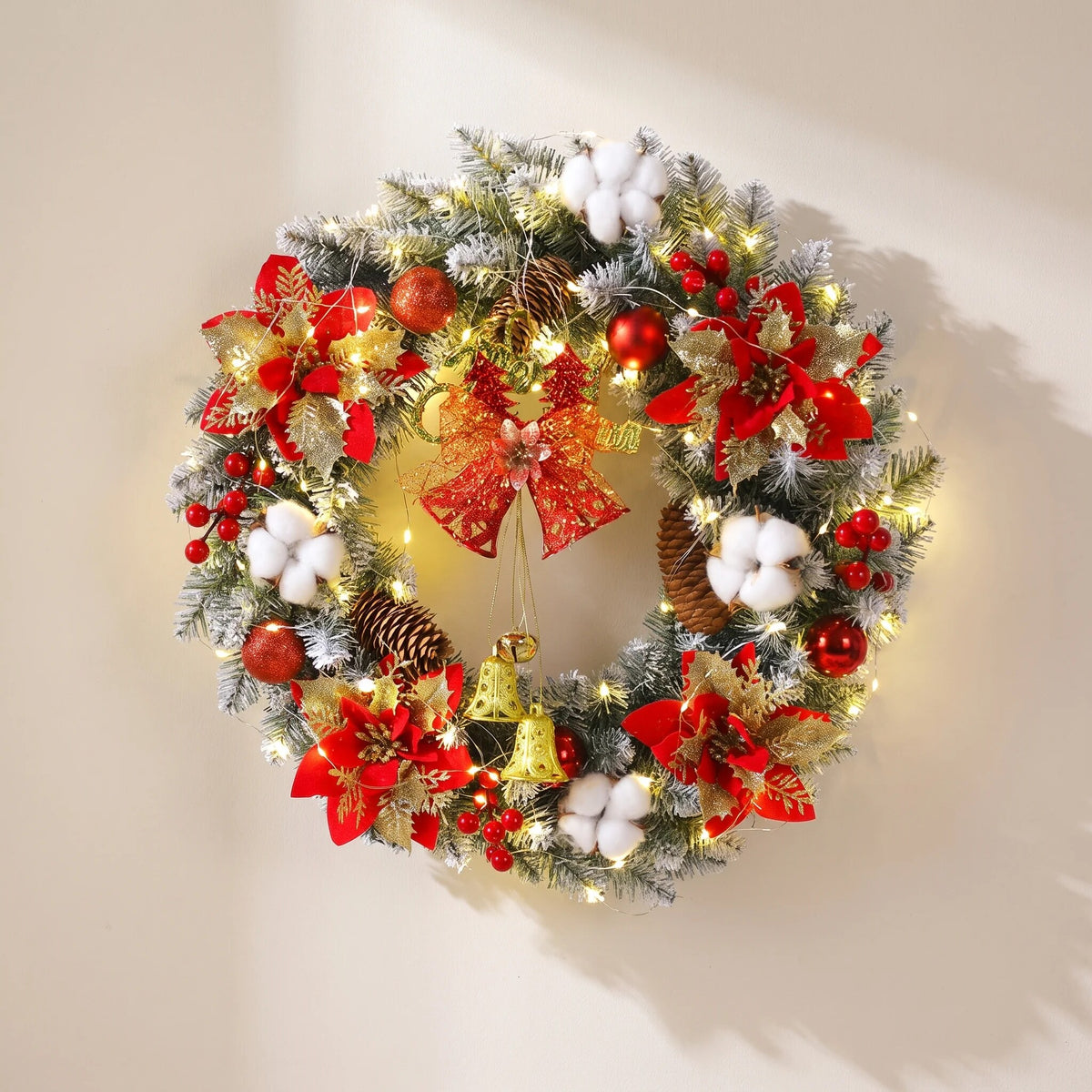 Christmas Wreath with Golden Poinsettias – Mixed Ornaments