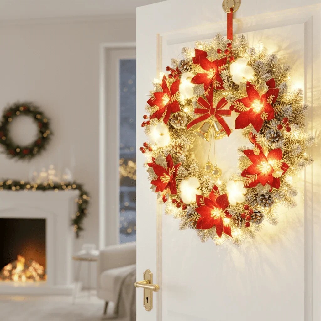 Christmas Wreath with Golden Poinsettias – Mixed Ornaments