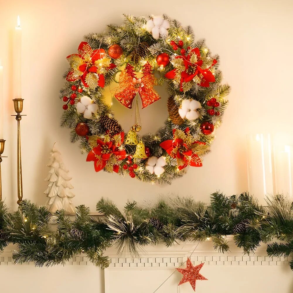 Christmas Wreath with Golden Poinsettias – Mixed Ornaments