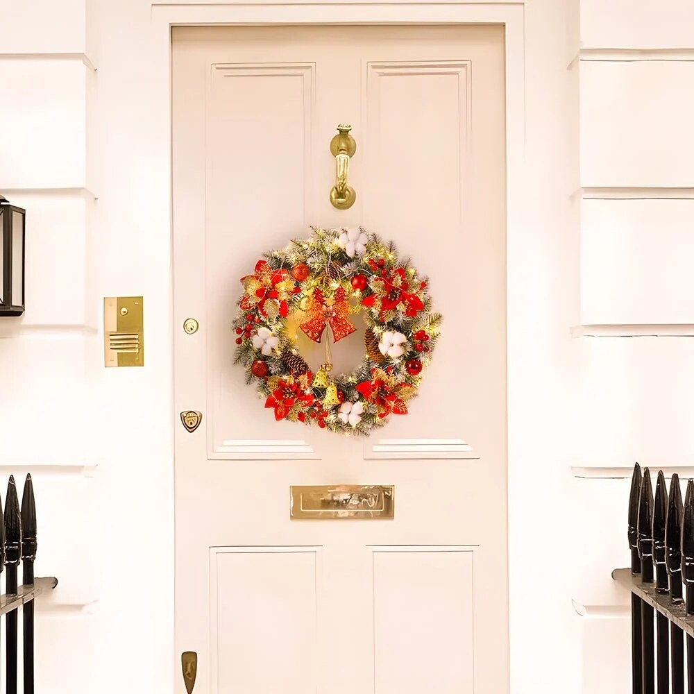 Christmas Wreath with Golden Poinsettias – Mixed Ornaments