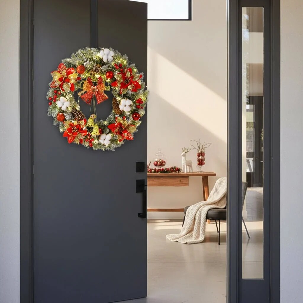Christmas Wreath with Golden Poinsettias – Mixed Ornaments