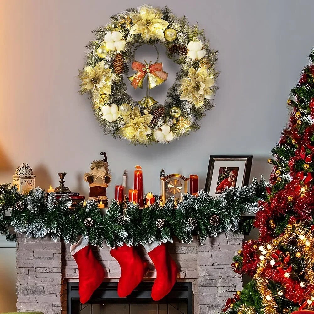 Christmas Wreath with Golden Poinsettias – Mixed Ornaments