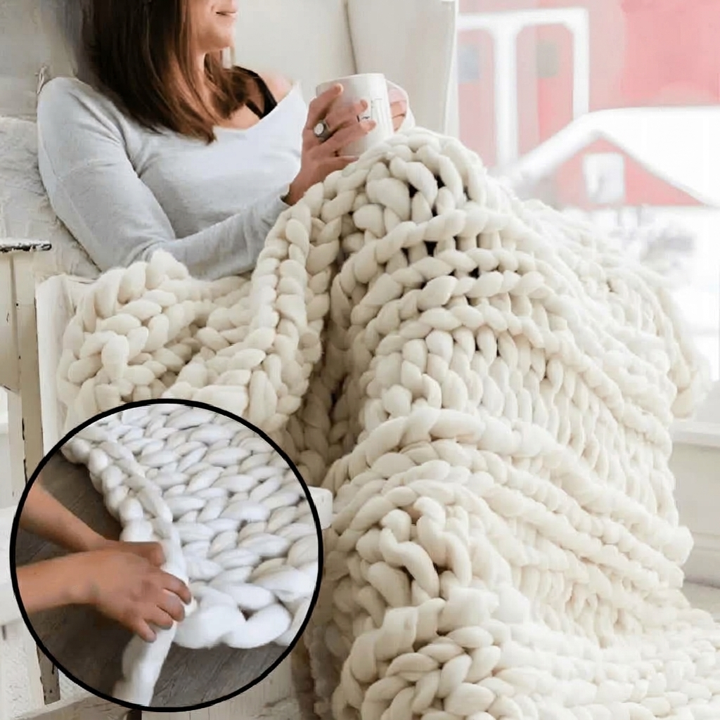 Chunky Knit Blanket with Thick Loops – Made of Soft Chenille Yarn – Image 1