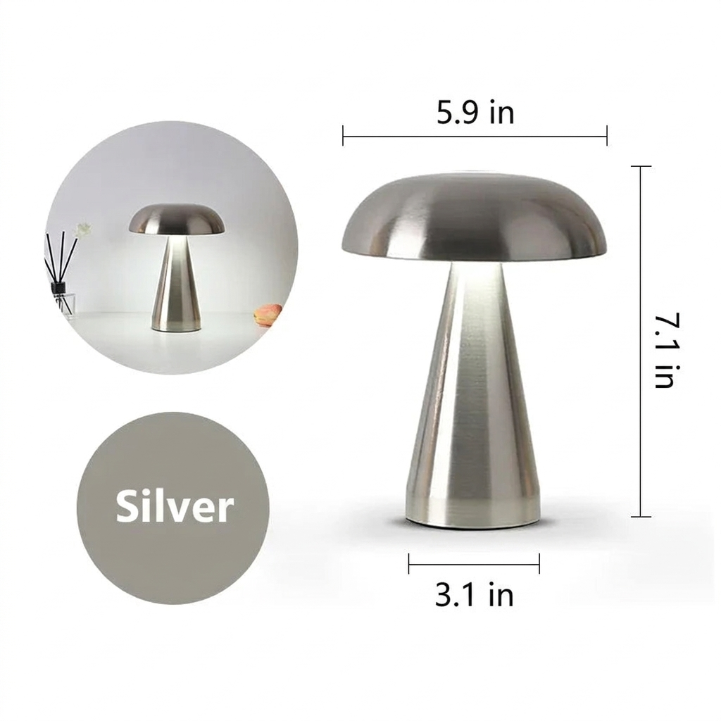 Cordless Metal Mushroom Lamp – Touch Dimmer and Three Light Colors – Image 9