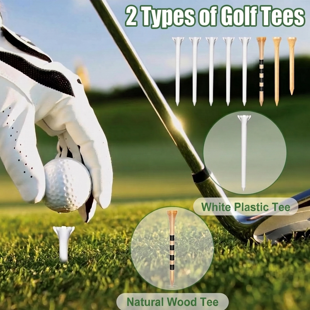 2 types of golf tees: white plastic tee and natural wood tee