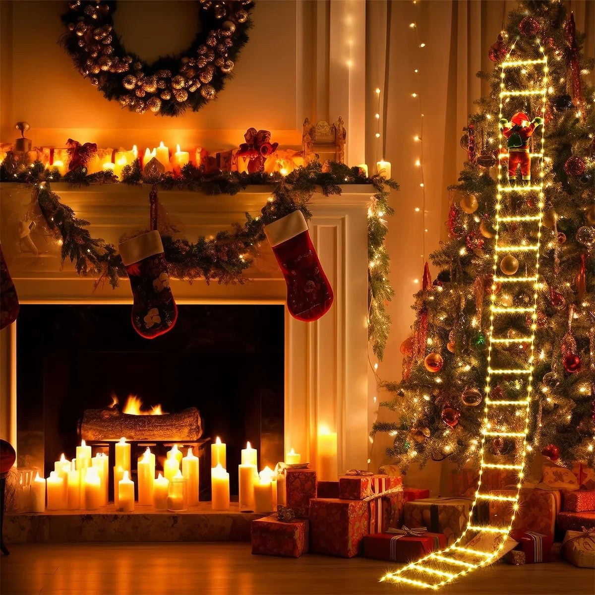 Lighted Christmas Ladder with Climbing Santa