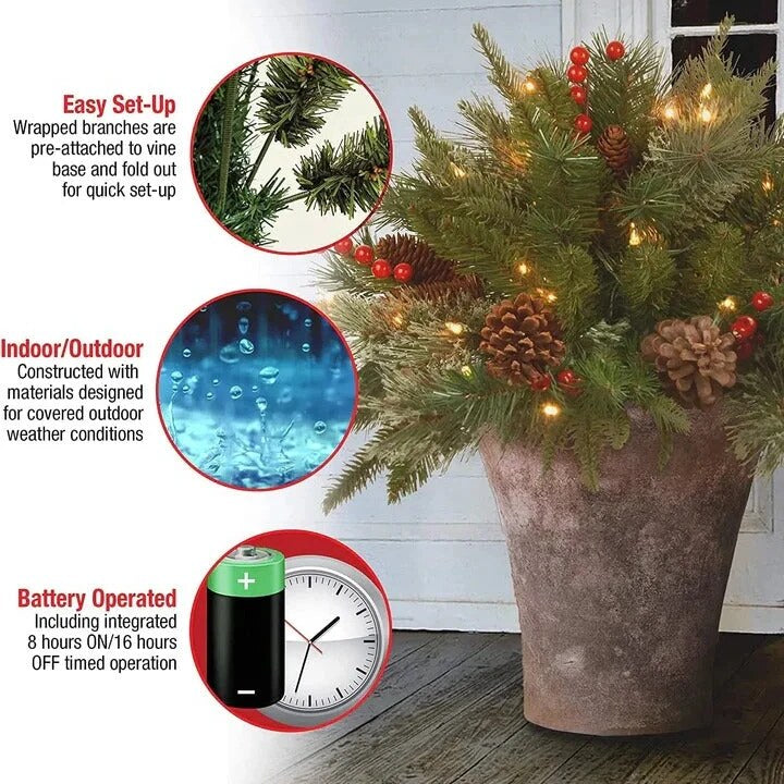 Pre-Lit Christmas Urn Filler – Battery-Operated Evergreen